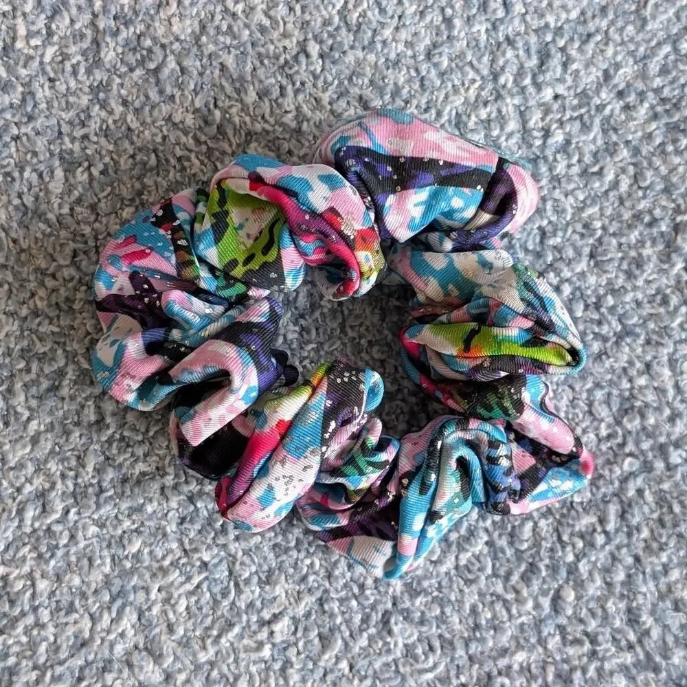 Vibrant Watercolor Multicolor Blue Pink Green Silver Abstract Scrunchie Hair Tie